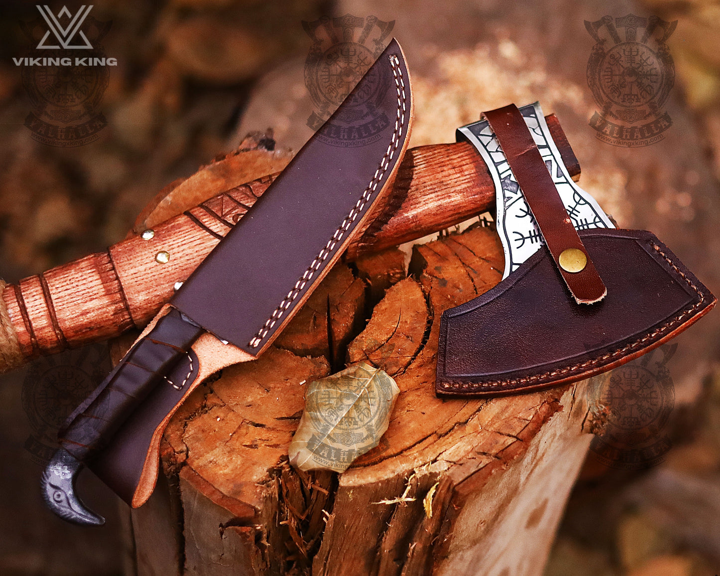 HANDMADE BATTLE AXE WITH ETCHED NORSE SYMBOLS with Raven Knife