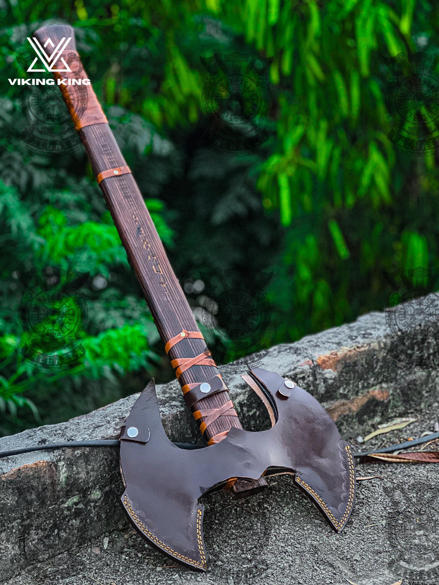 Double Headed Viking Axe, Hand Forged Double Blade Axe with leather Sheath, Two Handed Axe Custom Engraved