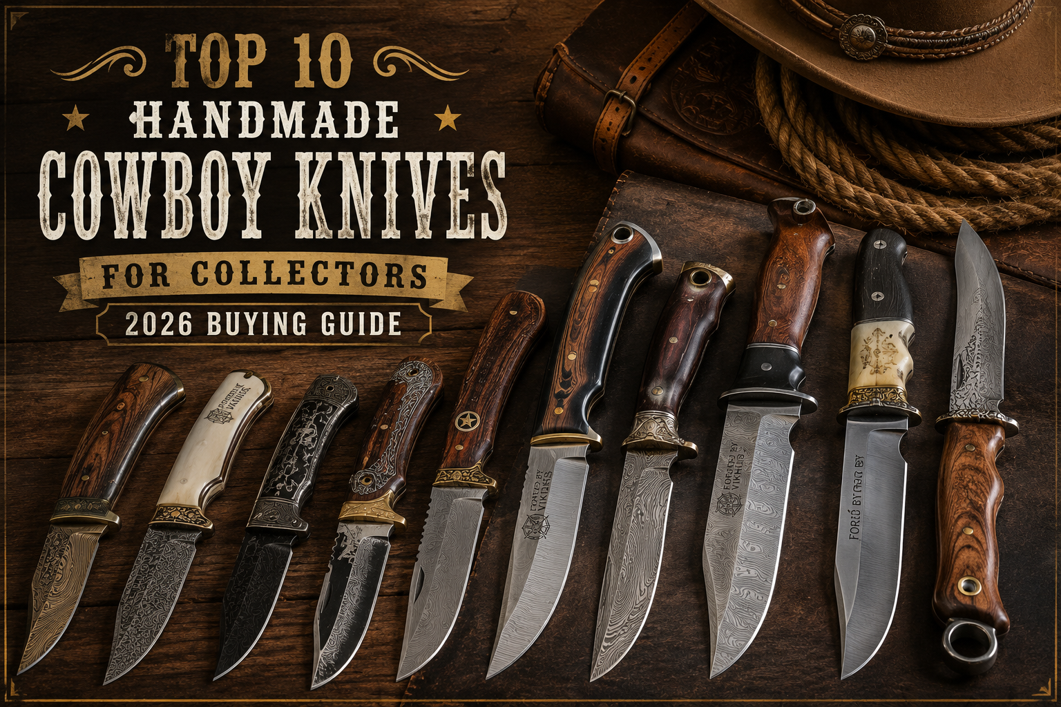 Collection of premium handmade cowboy knives with leather and wooden handles for collectors and western enthusiasts in 2026.