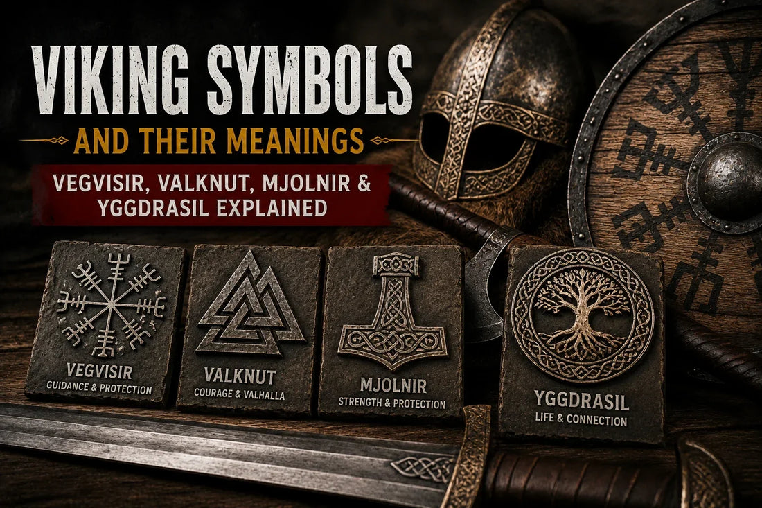 Viking symbols and their meanings, including Mjolnir Thor's hammer, Valknut, Vegvisir and Yggdrasil Norse runes