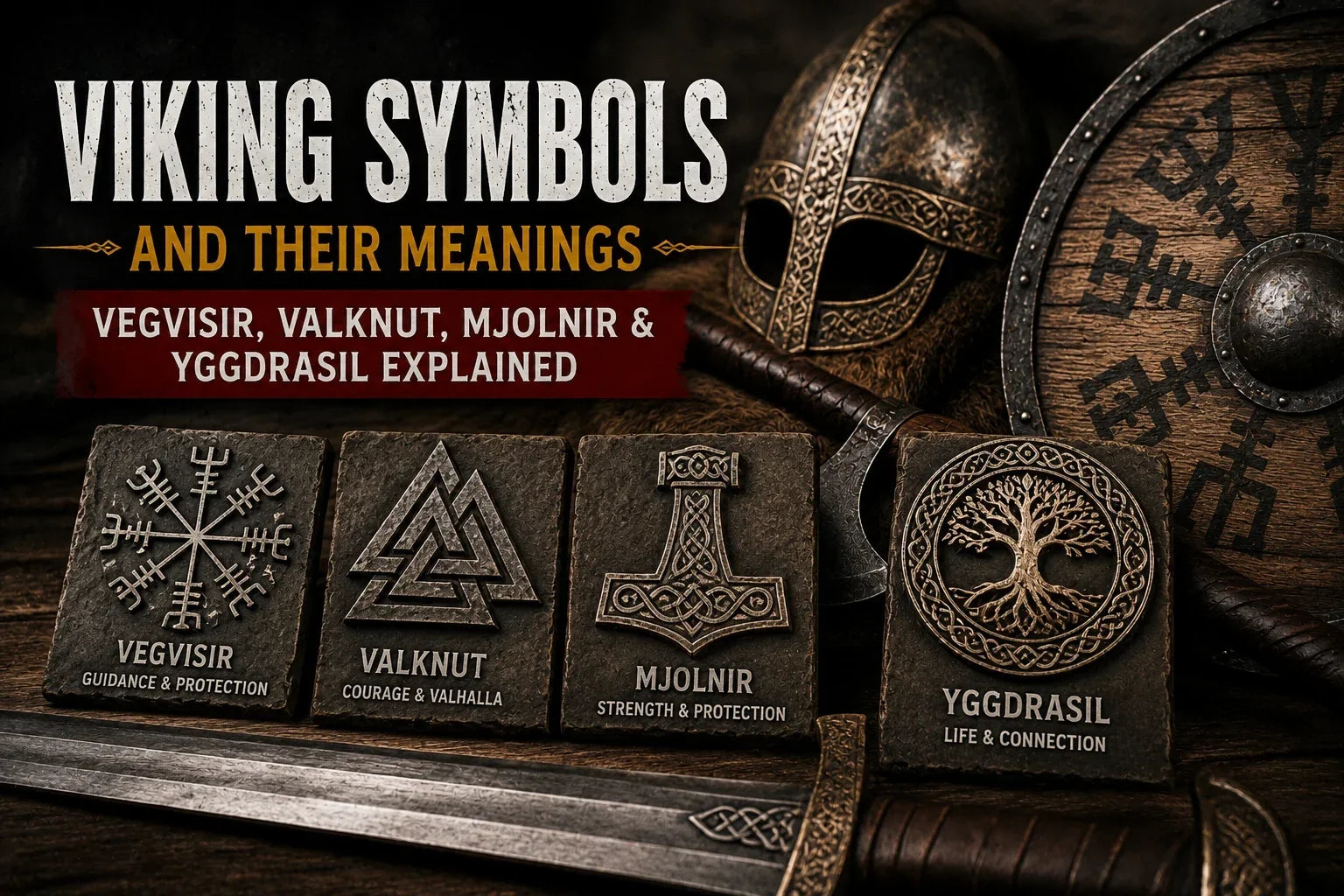Viking symbols and their meanings, including Mjolnir Thor's hammer, Valknut, Vegvisir and Yggdrasil Norse runes