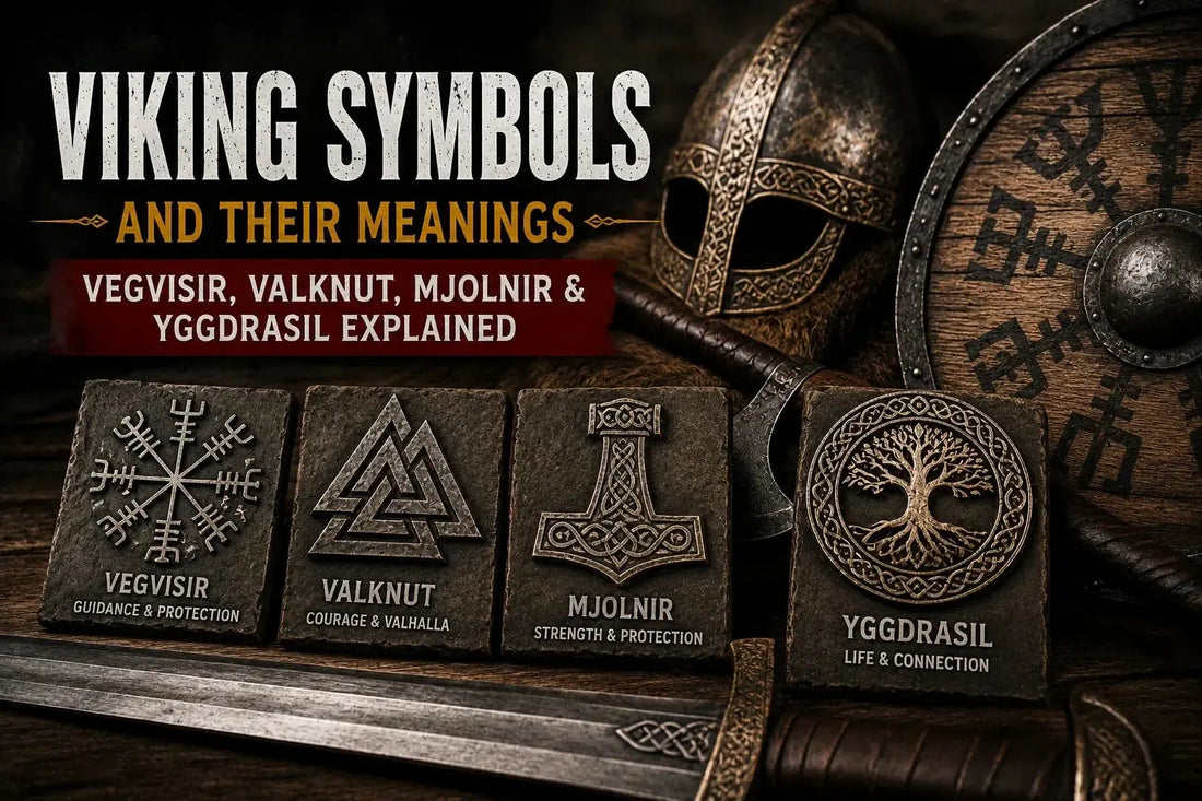 Viking symbols and their meanings, including Mjolnir Thor's hammer, Valknut, Vegvisir and Yggdrasil Norse runes