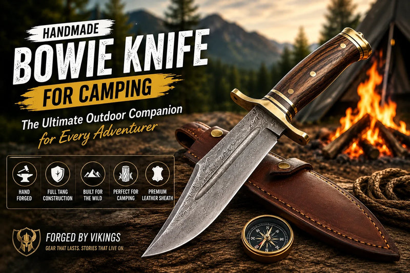 Handmade Bowie knife for camping and bushcraft with premium leather sheath