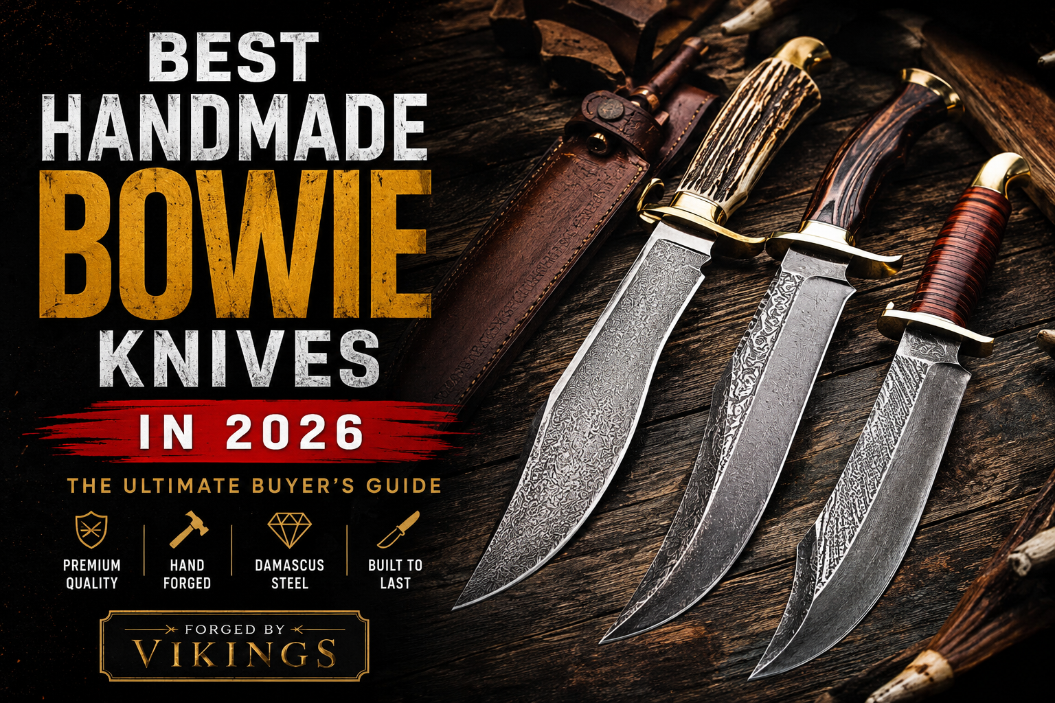 Premium handmade Damascus Bowie knives displayed for the Best Handmade Bowie Knives in 2026 buyer's guide by Forged by Vikings.