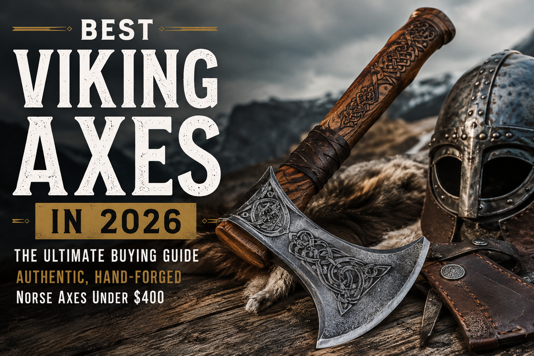 Hand-forged Viking axe with engraved Norse knots on a wooden handle, placed next to a metal Viking helmet on a fur skin. Text reads: Best Viking Axes in 2026 - The Ultimate Buying Guide, Authentic, Hand-Forged Norse Axes Under $400.