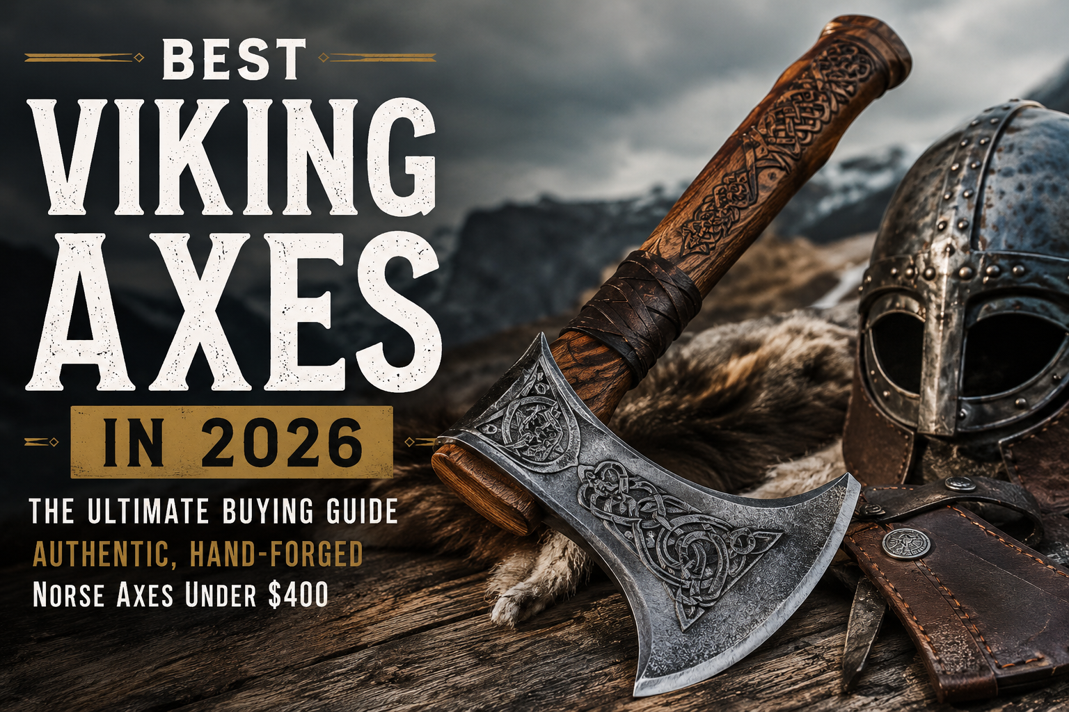 Hand-forged Viking axe with engraved Norse knots on a wooden handle, placed next to a metal Viking helmet on a fur skin. Text reads: Best Viking Axes in 2026 - The Ultimate Buying Guide, Authentic, Hand-Forged Norse Axes Under $400.