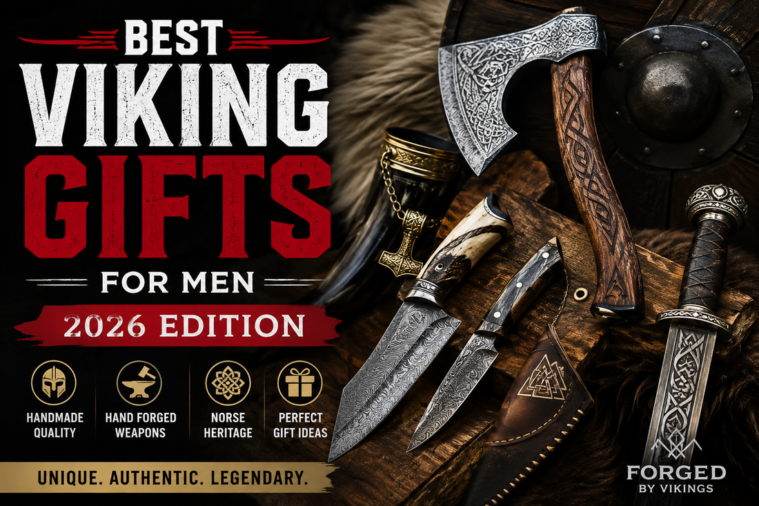 Viking gifts for men collection banner featuring hand-forged axes, knives, and swords