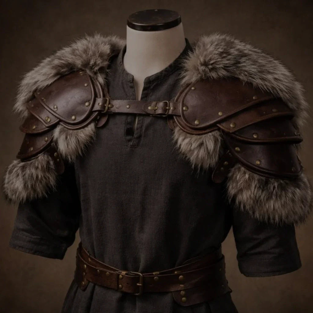 Handcrafted dark brown leather Viking pauldrons with grey fur trim displayed on a tunic-wearing mannequin.