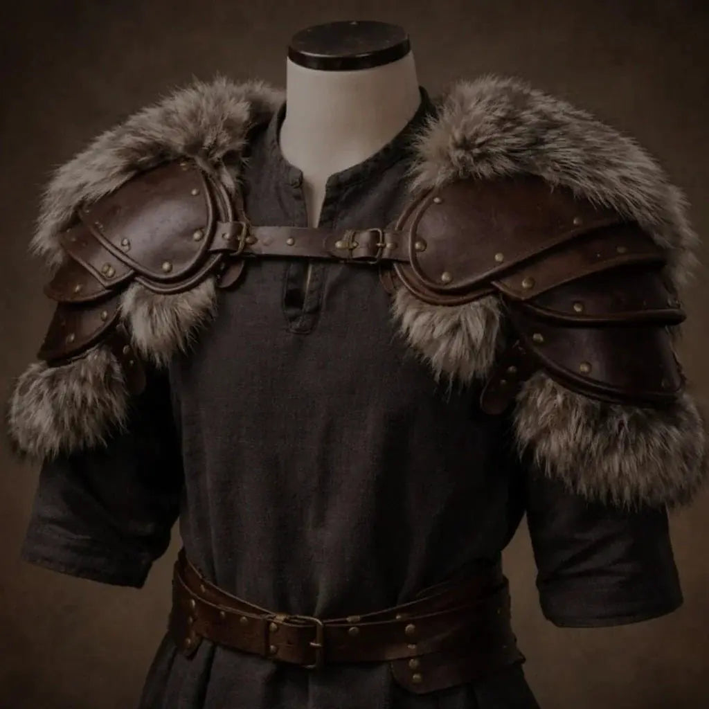 Handcrafted dark brown leather Viking pauldrons with grey fur trim displayed on a tunic-wearing mannequin.