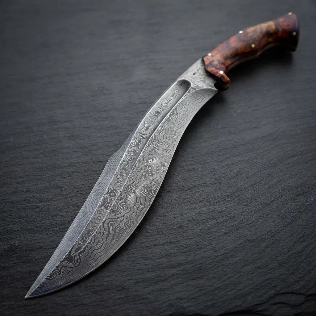 Handcrafted full tang Damascus steel Kukri knife featuring a contoured rosewood burl handle, resting diagonally on a dark slate stone surface