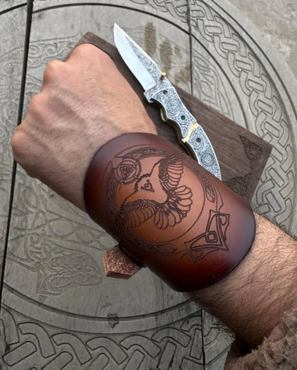 Handmade Viking Raven Folding Knife: Engraved D2 Steel Blade, Leather Wristband