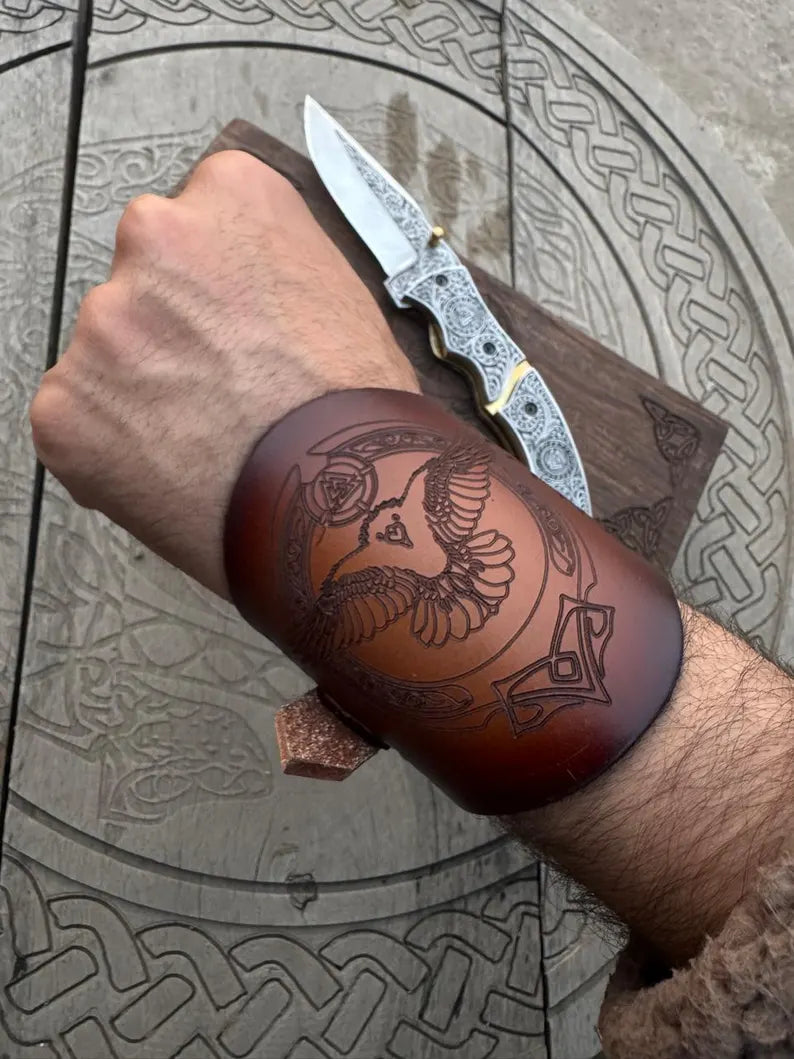 Hand Forged Ornate Viking Folding Knife - Engraved Handle & Leather Sheath