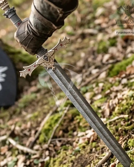 King Arthur Excalibur Sword, Handmade Damascus Steel, Crown Head Merlin Replica, Medieval Movie Inspired Viking Sword, Anniversary Gift