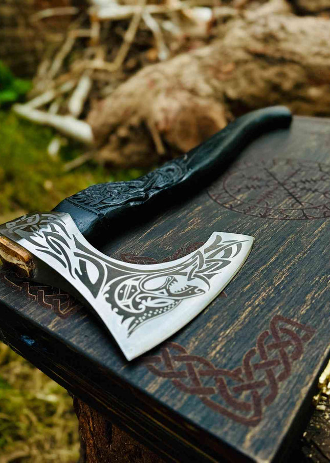Hand Forged Fenrir Wolf Axe: Functional Viking Bearded Axe with Sheath Christmas Gift, Gift for him