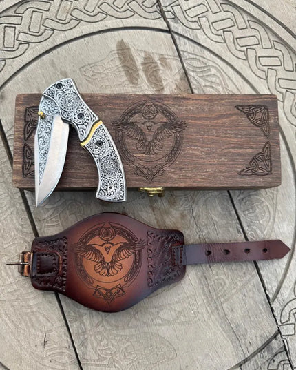 Handmade Viking Raven Folding Knife: Engraved D2 Steel Blade, Leather Wristband