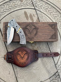 Hand Forged Ornate Viking Folding Knife - Engraved Handle & Leather Sheath