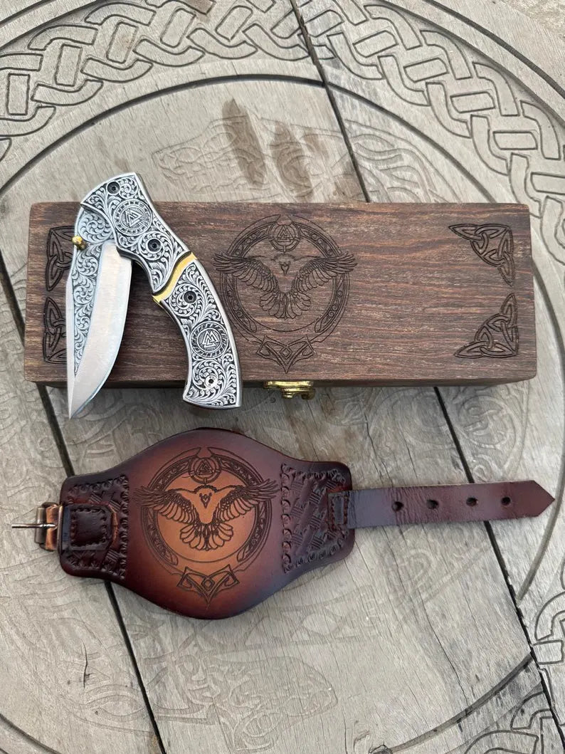 Hand Forged Ornate Viking Folding Knife - Engraved Handle & Leather Sheath