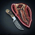 1095 carbon steel cowboy skinner knife with ram horn handle, steel bolster and leather sheath