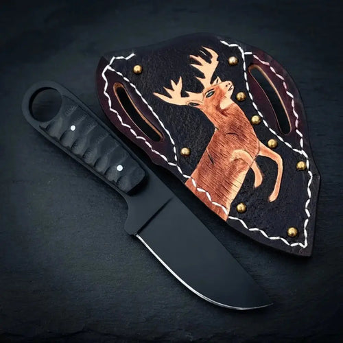 8 inch black coated 1095 steel skinner knife with hand-stitched leather sheath