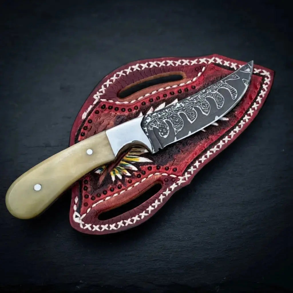8 inch bone handle cowboy skinner knife shown with hand-stitched leather sheath