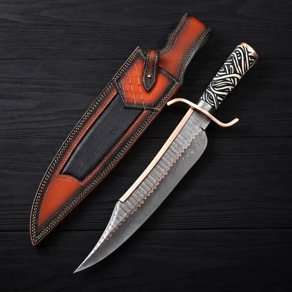 12-inch Musso-style Copper Damascus Bowie knife featuring a brass spine strip, curved double guard, and black-and-white pattern resin handle, displayed next to its custom brown and black leather sheath on a dark wood background