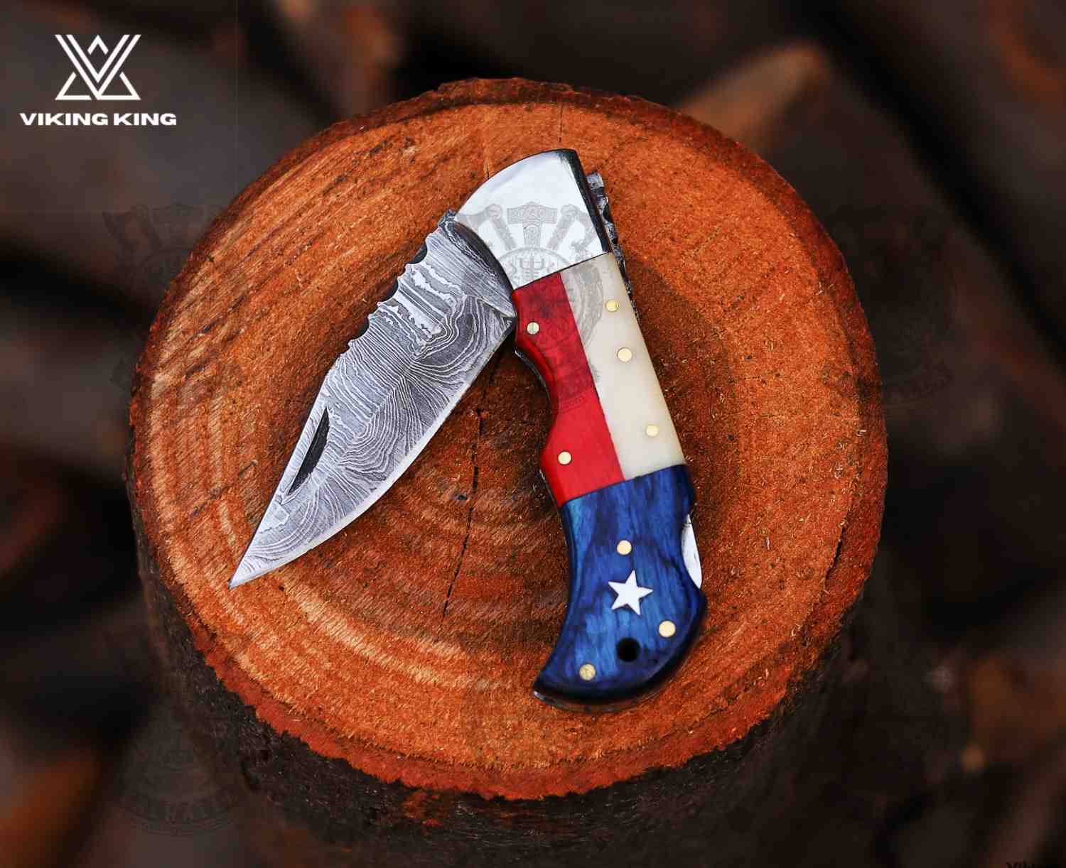 Handmade Damascus Folding Pocket Knife – EDC Knife with Patriotic Handle