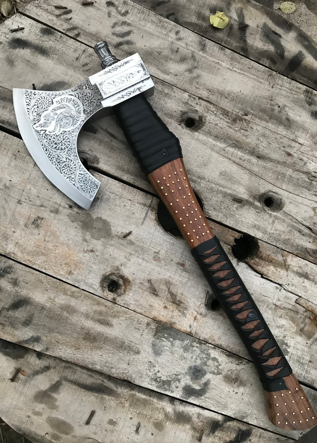 Engraved Viking Axe – Handmade Bearded Axe with Carved Wooden Handle & Leather Sheath, Custom Norse Gift, Halloween Gifts