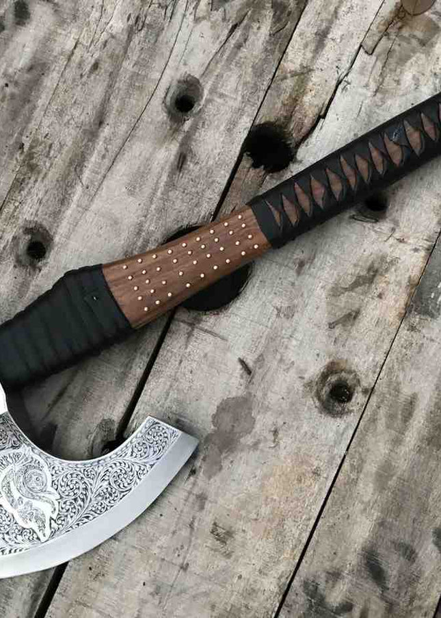 Engraved Viking Axe – Handmade Bearded Axe with Carved Wooden Handle & Leather Sheath, Custom Norse Gift, Halloween Gifts