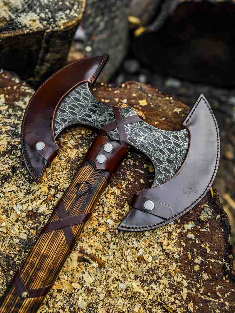Double Bit Viking Axe – Handmade Norse Collector Axe with Leather Sheath