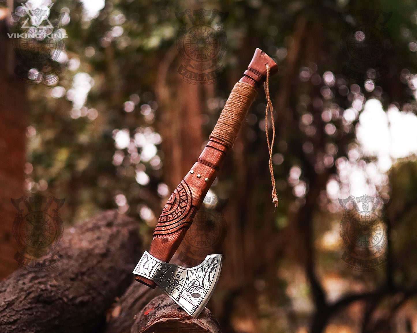 HANDMADE BATTLE AXE WITH ETCHED NORSE SYMBOLS with Raven Knife