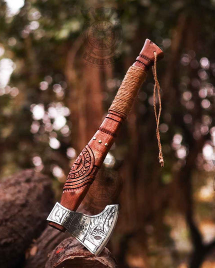 HANDMADE BATTLE AXE WITH ETCHED NORSE SYMBOLS with Raven Knife