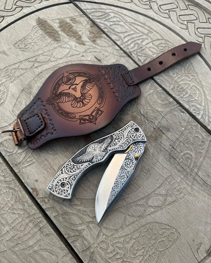 Handmade Viking Raven Folding Knife: Engraved D2 Steel Blade, Leather Wristband