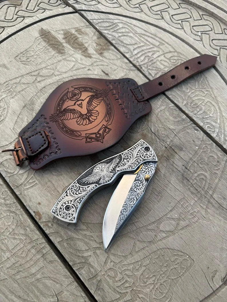 Hand Forged Ornate Viking Folding Knife - Engraved Handle & Leather Sheath