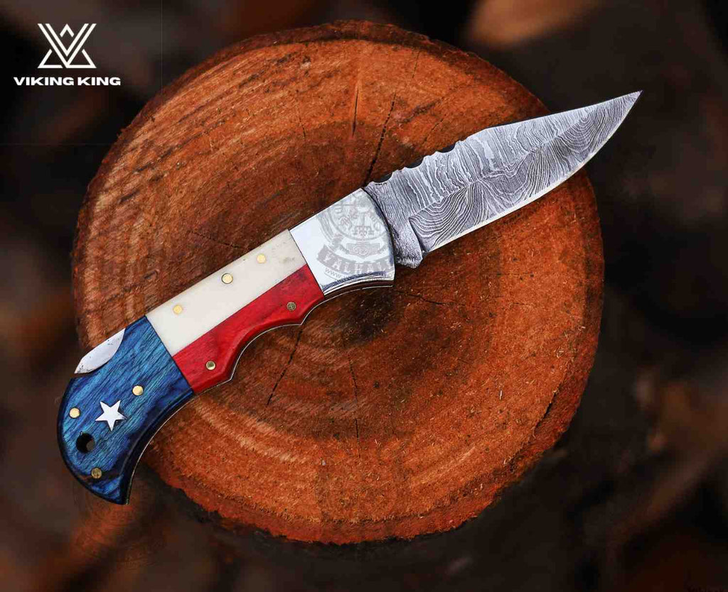 Handmade Damascus Folding Pocket Knife – EDC Knife with Patriotic Handle