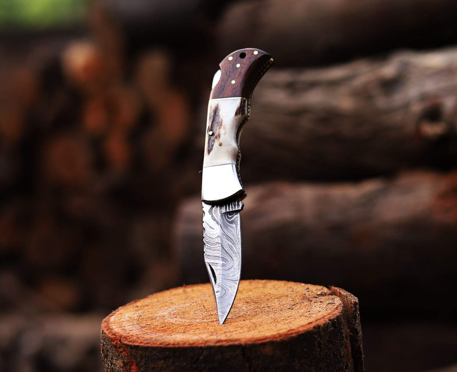 Personalized Damasus Steel Folding Knife Stag Horn Rose Wood Handle Pocket Knife Perfect Gift For Father, Dad, Husband, Gift for Anniversary