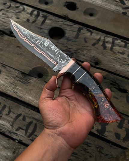 Handmade Copper Damascus Hunting Knife | Ladder Pattern Bowie Knife | Epoxy Handle | Custom Gift for Him | Collector Blade