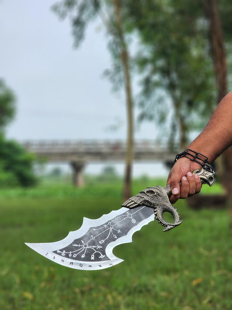 God of War Leviathan Axe Wall Display – Viking Inspired Fantasy Axe with Wooden Plaque