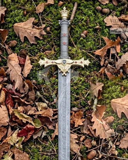King Arthur Excalibur Sword, Handmade Damascus Steel, Crown Head Merlin Replica, Medieval Movie Inspired Viking Sword, Anniversary Gift