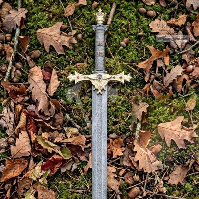 King Arthur Excalibur Sword, Handmade Damascus Steel, Crown Head Merlin Replica, Medieval Movie Inspired Viking Sword, Anniversary Gift