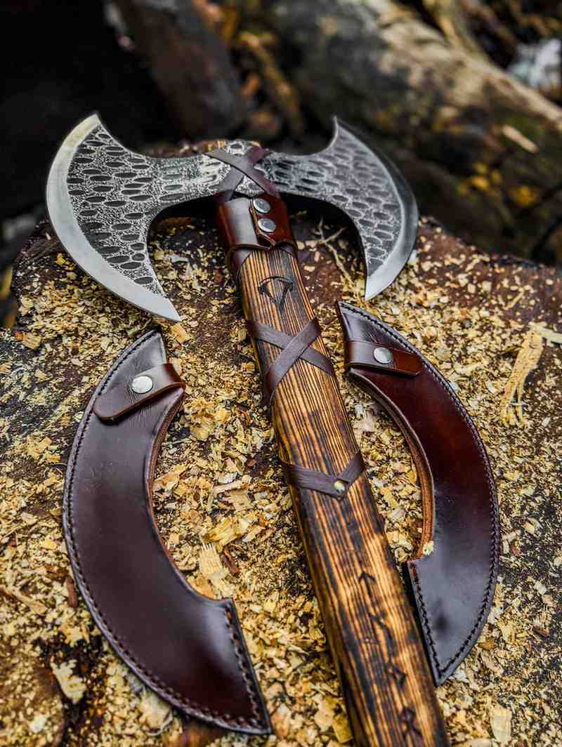 Double Bit Viking Axe – Handmade Norse Collector Axe with Leather Sheath