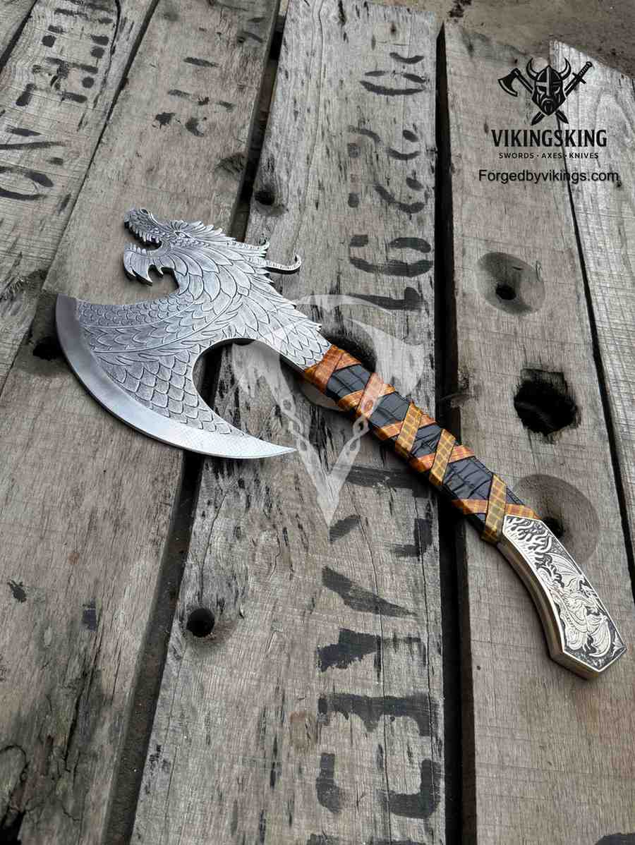 Hand Forged Dragon Viking Axe | Ornate Decorative Battle Axe with Carved Dragon Head & Leather Handle - Viking King