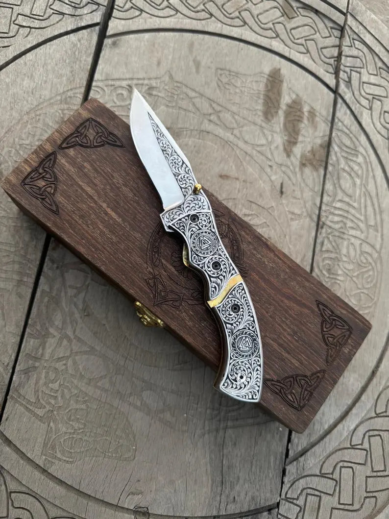 Hand Forged Ornate Viking Folding Knife - Engraved Handle & Leather Sheath