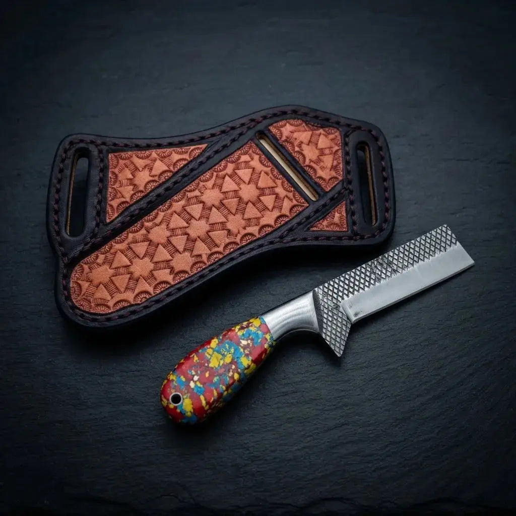 6.5-inch bull cutter knife with pinecone resin handle and polished steel bolster