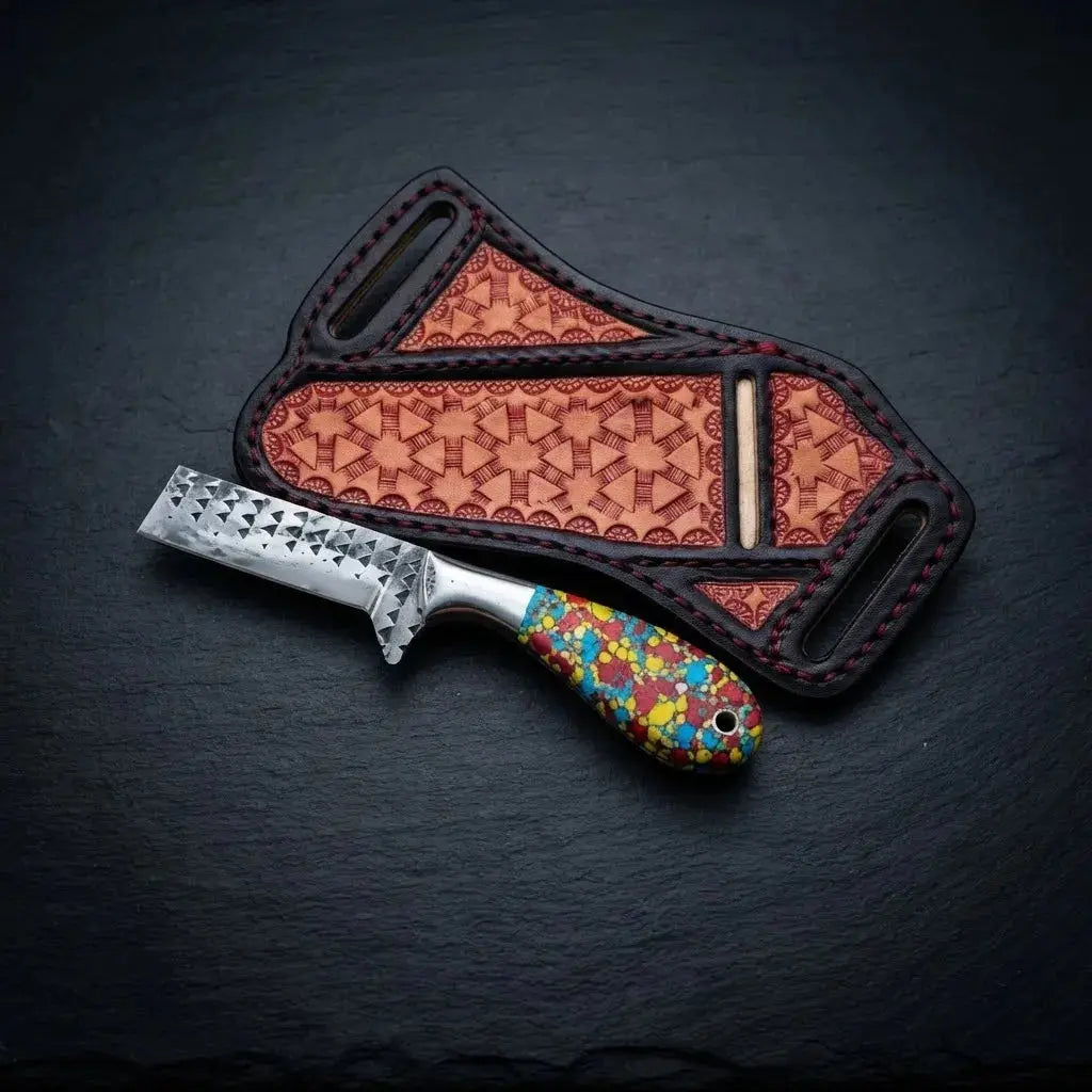 Small horse rasp steel cowboy knife with pinecone handle and cross-draw leather sheath