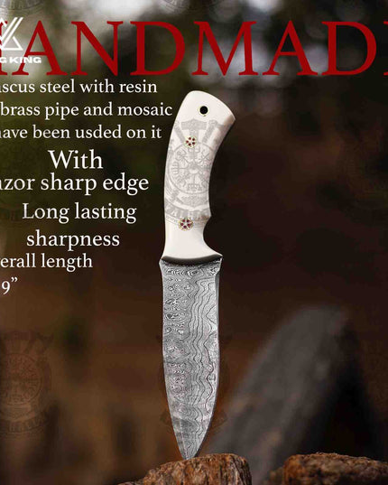 Handmade Damascus Steel Skinner Knife: Resin Handle, Hunting Camping Knife