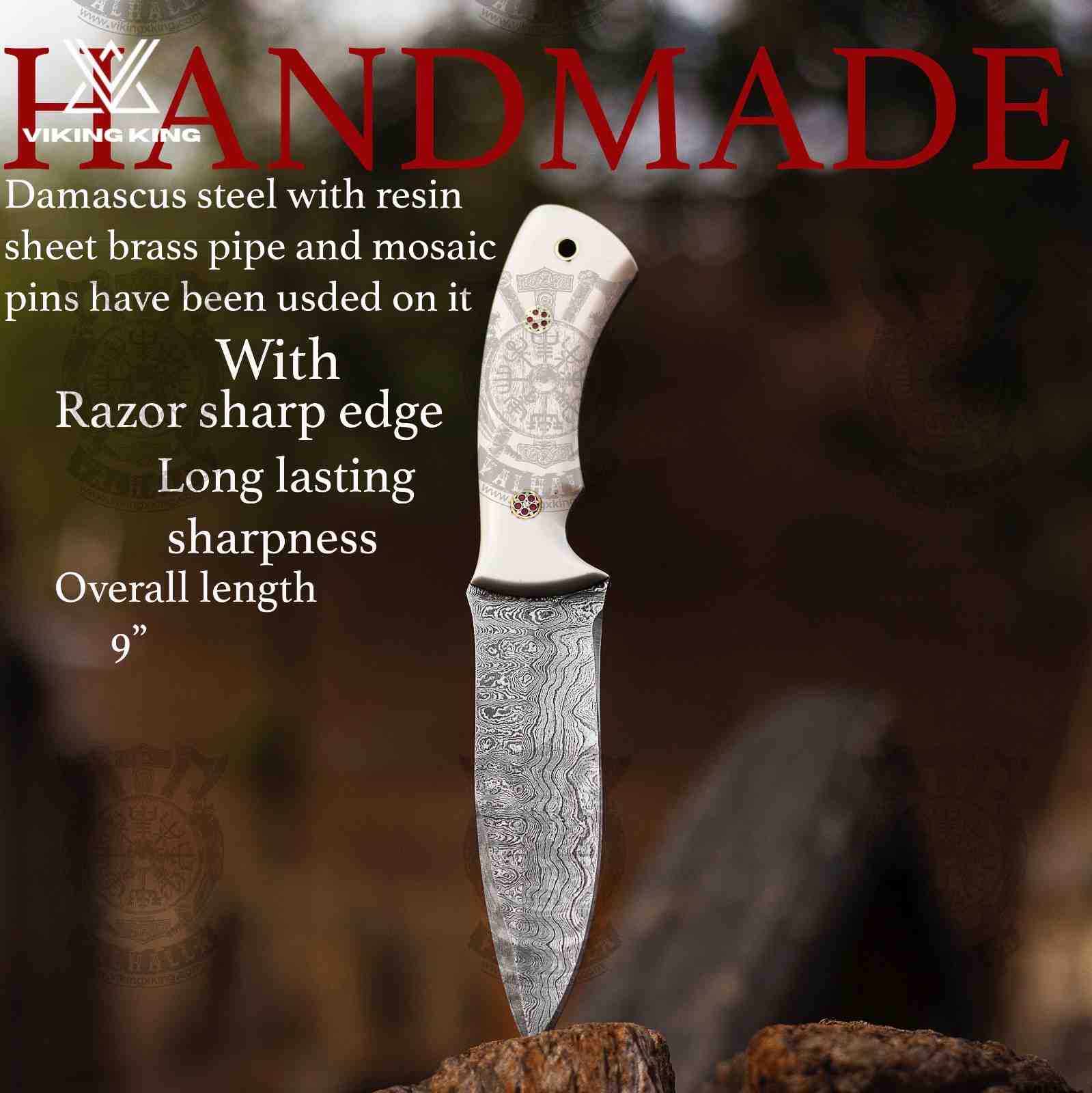 Custom Damascus Steel Hunting Knife – Handmade Fixed Blade Knife with White Bone Handle