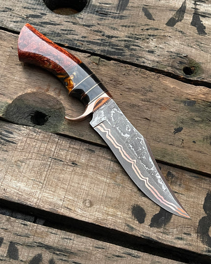 Handmade Copper Damascus Hunting Knife | Ladder Pattern Bowie Knife | Epoxy Handle | Custom Gift for Him | Collector Blade