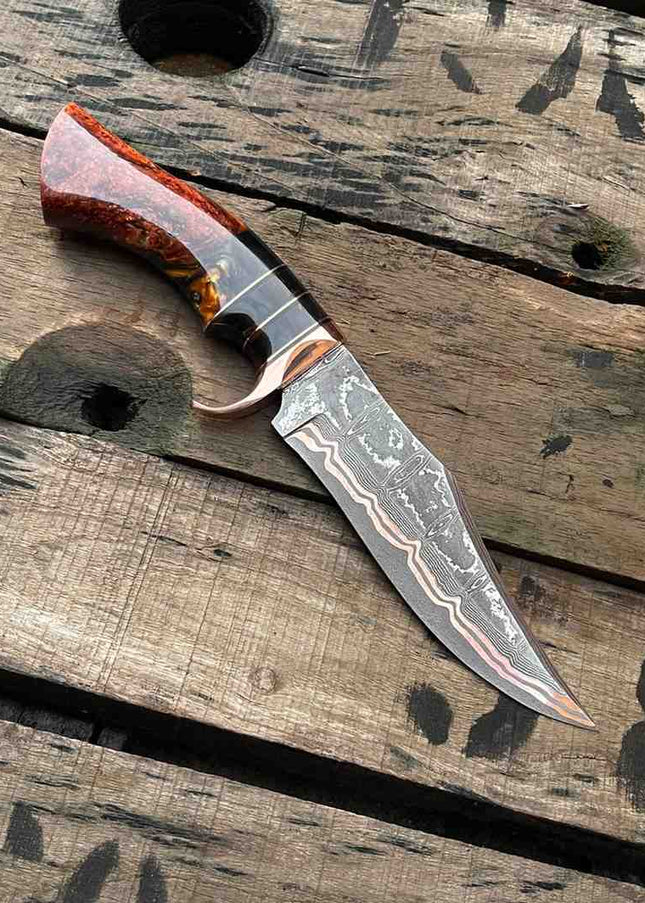 Handmade Copper Damascus Hunting Knife | Ladder Pattern Bowie Knife | Epoxy Handle | Custom Gift for Him | Collector Blade