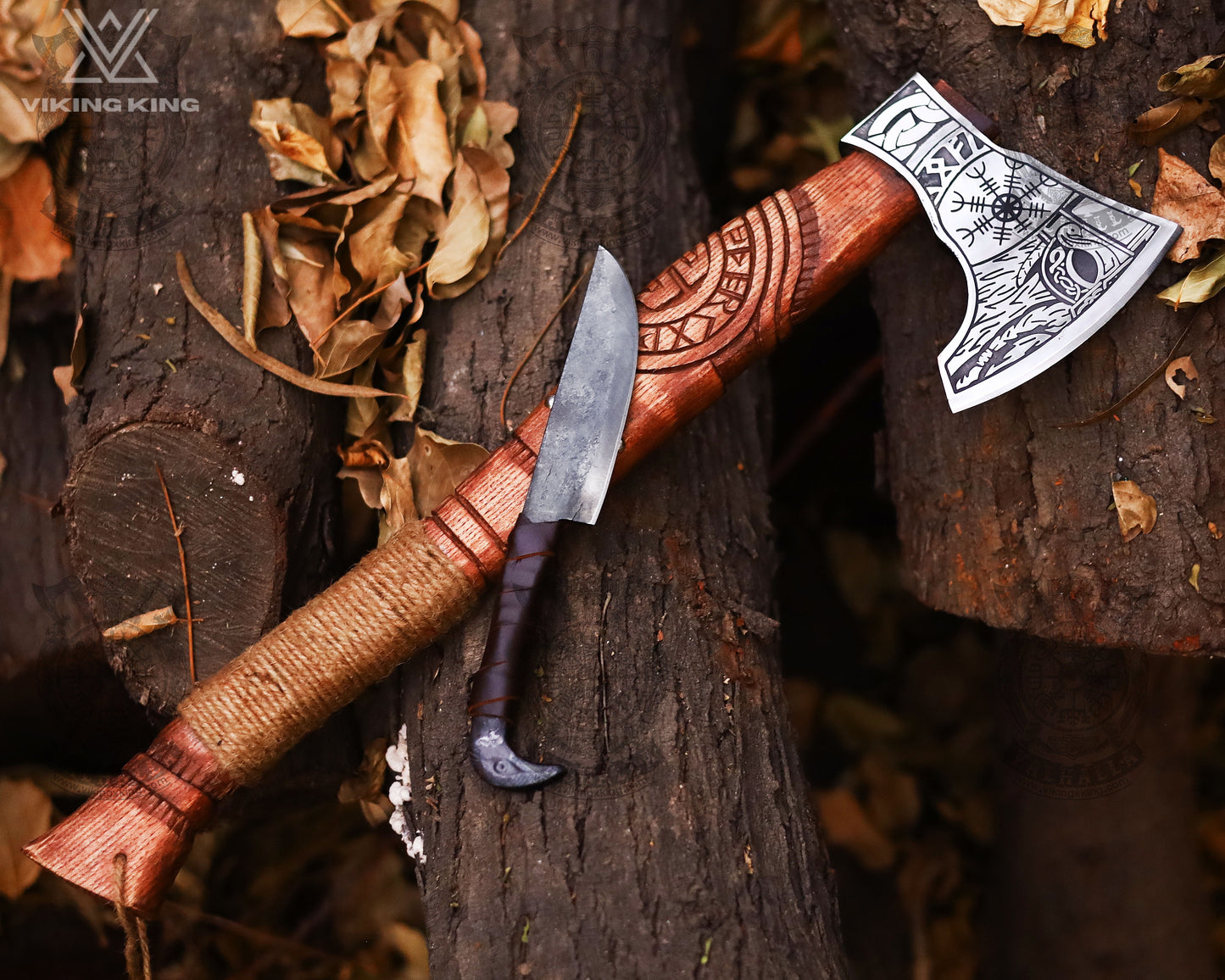 HANDMADE BATTLE AXE WITH ETCHED NORSE SYMBOLS with Raven Knife
