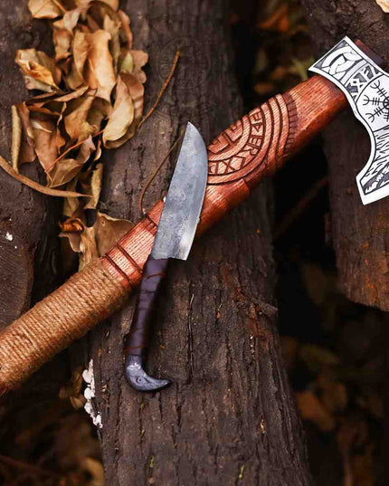 HANDMADE BATTLE AXE WITH ETCHED NORSE SYMBOLS with Raven Knife
